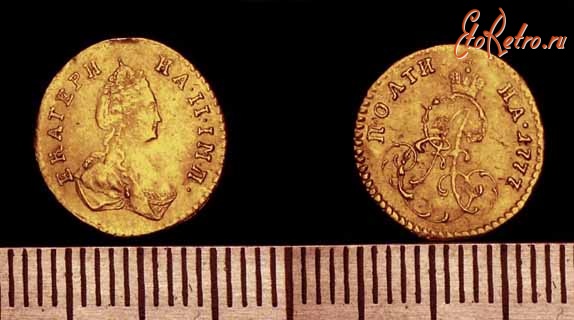 Старинные деньги (бумажные, монеты) - Полтина Екатерины 2 дворцоваго обихода 1777 золото 0,62 гр