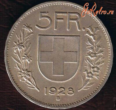 Старинные деньги (бумажные, монеты) - Швейцарская монета - 5 серебряных франков 1928 года