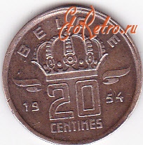 Старинные деньги (бумажные, монеты) - 20 сентим 1954г.Бельгия.