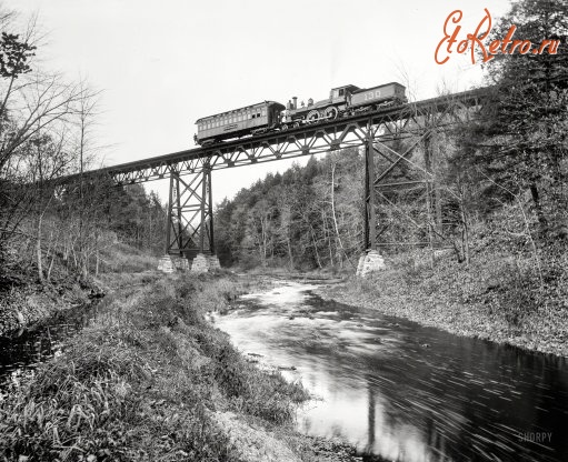 Железная дорога (поезда, паровозы, локомотивы, вагоны) - Паровоз с вагоном-фотолабораторией-салоном DETROIT PHOTOGRAPHIC на мосту через р.Пассайк