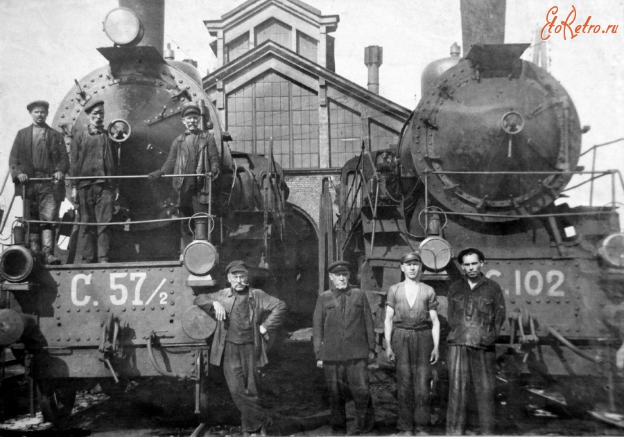Железная дорога (поезда, паровозы, локомотивы, вагоны) - Паровозы С.57/2 и С.102 в депо Балтийского вокзала,Ленинград