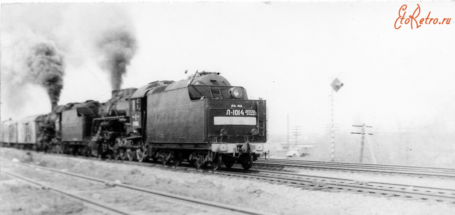 Железная дорога (поезда, паровозы, локомотивы, вагоны) - Паровозы Л-0967 и Л-1014 с грузовым поездом на Обловку