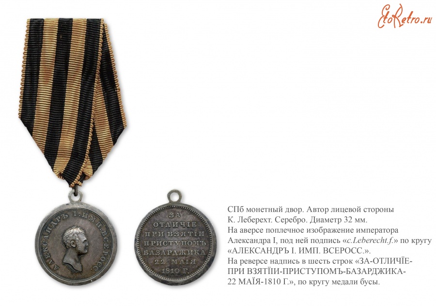Медали, ордена, значки - Наградная медаль «За отличие при взятии приступом Базарджика» (1810 год)