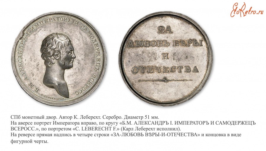 Медали, ордена, значки - Наградная медаль «За любовь к вере и отечеству» (1807 год)