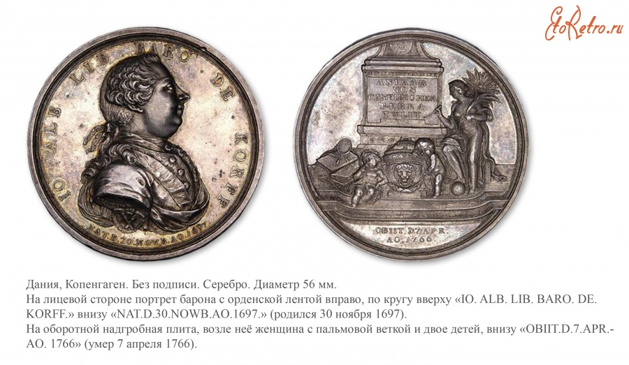 Медали, ордена, значки - Настольная медаль «В память барона И.А. Корфа» (1766 год)