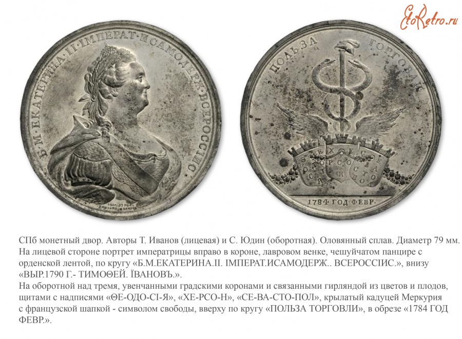 Медали, ордена, значки - Памятная медаль «На предоставление свободной торговли городам Феодосии, Херсону и Севастополю» (1784 год)