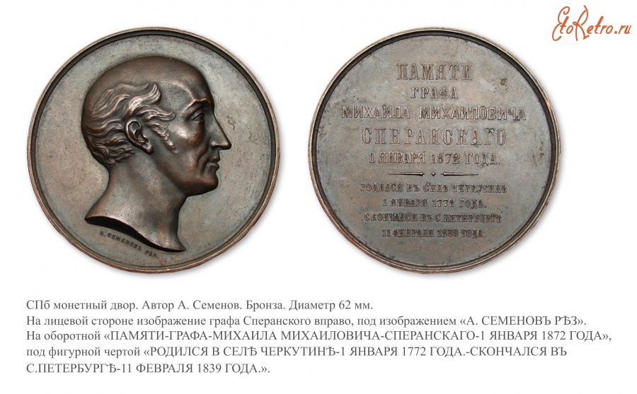 Медали, ордена, значки - Настольная медаль «Памяти графа М.М. Сперанского»
