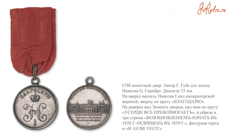 Медали, ордена, значки - Наградная медаль «За возобновление Зимнего дворца » (1838 год)