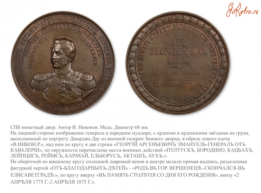 Медали, ордена, значки - Настольная медаль «В память 100-летия со дня рождения генерала от кавалерии Эмануеля»