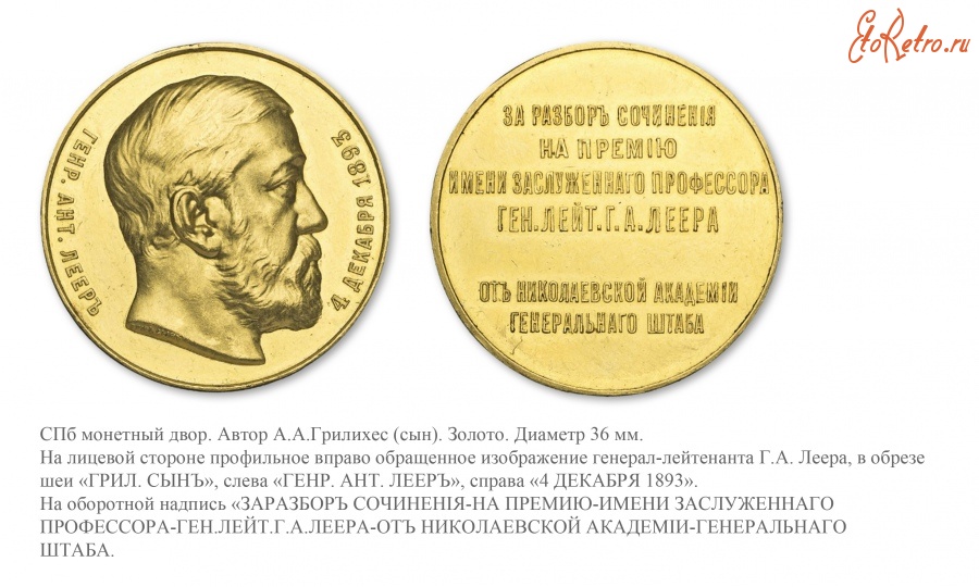 Медали, ордена, значки - Медаль Николаевской Академии Генерального штаба за разбор сочинения на премию имени Г.А. Леера