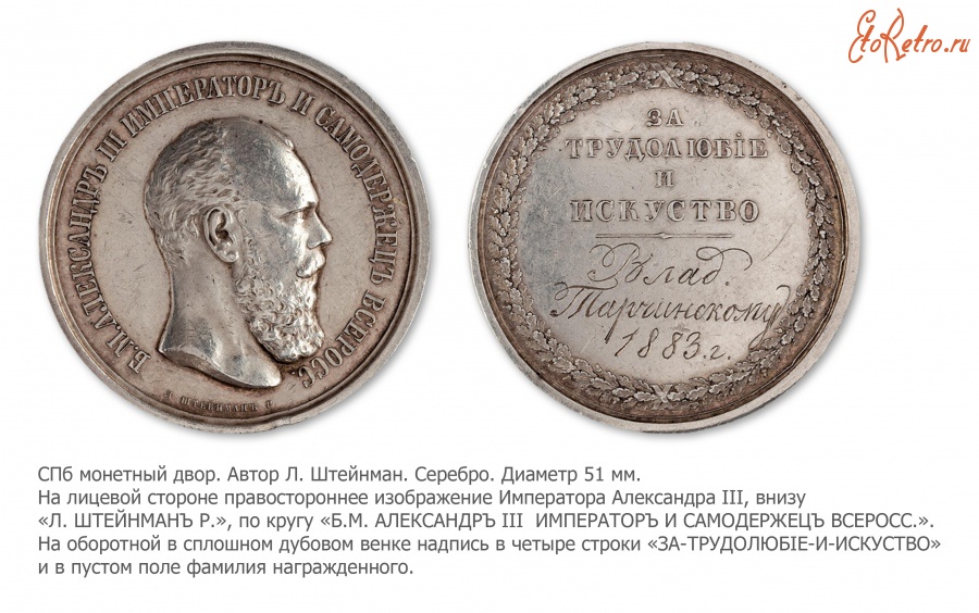 Медали, ордена, значки - Наградная медаль «За трудолюбие и искусство» (1883 год)