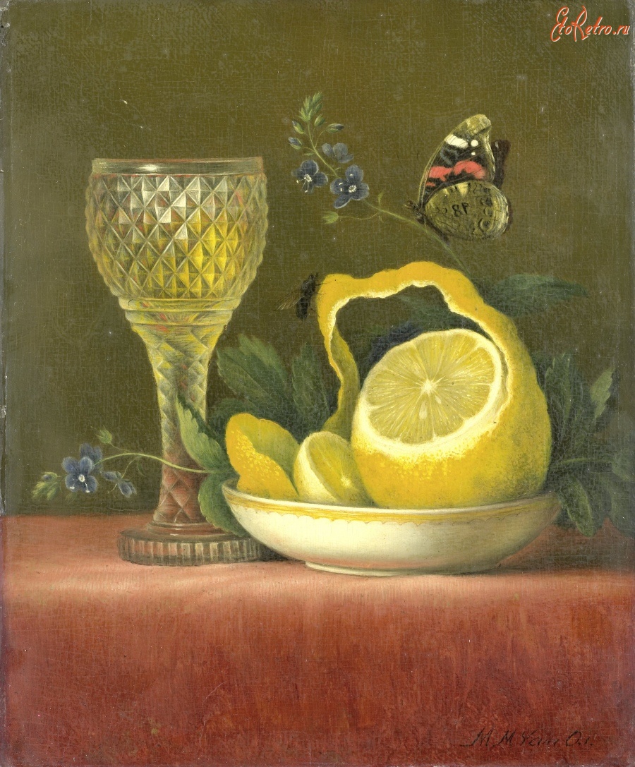 Картины - Натюрморт с лимоном и гранёным бокалом