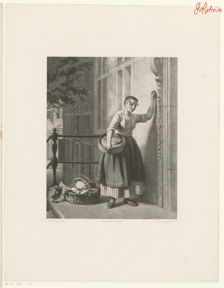 Картины - Девушка с корзиной овощей и фруктов на пороге дома