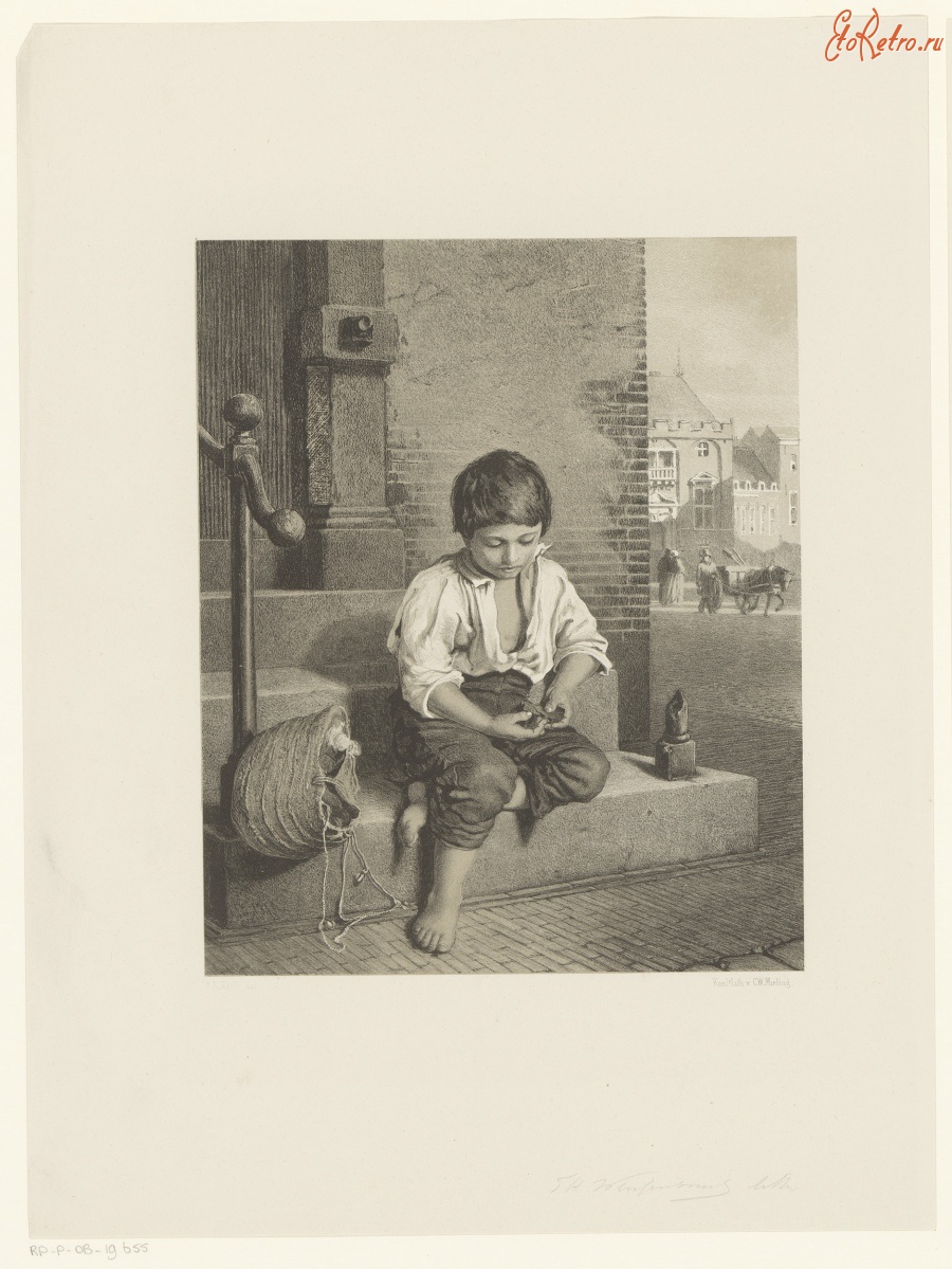 Картины - Босой мальчик с корзиной на пороге дома