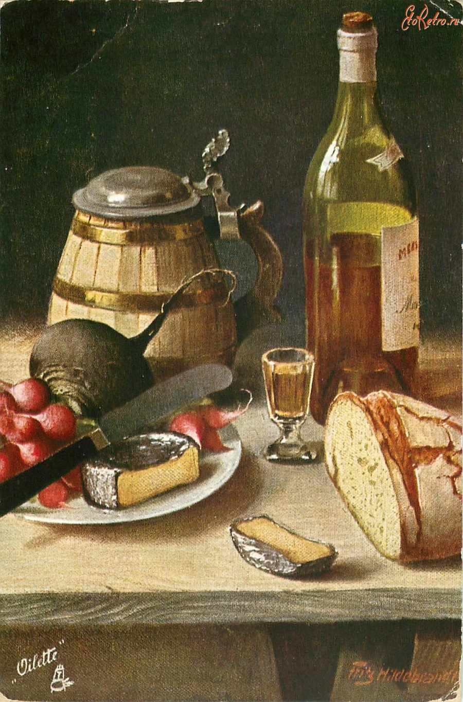 Картины - Натюрморт. Пивная кружка-штейн, бутылка и блюдо с редиской и сыром