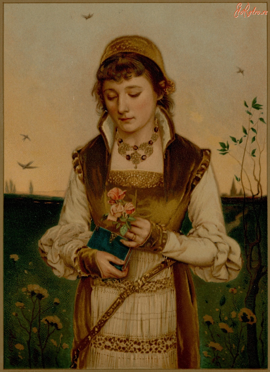 Картины - Девушка в коричневом бархатном платье с книгой в руках и букетом роз