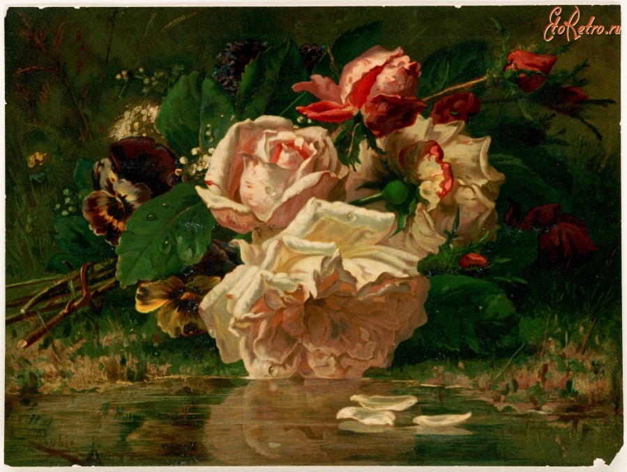 Картины - Жан Батист Роби. Букет роз и берег реки