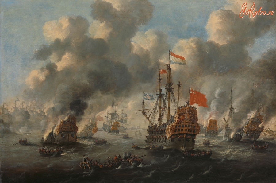 Картины - Горящий британский флот и Королевский Чарльз, Нэсби, в битве при Чатеме, 1667