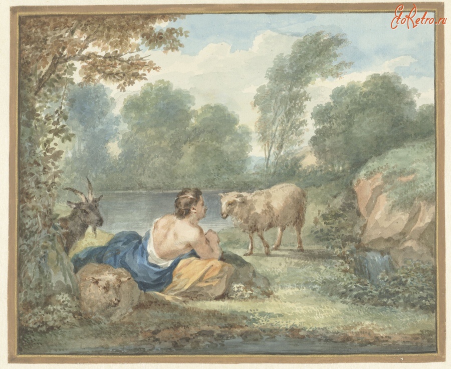 Картины - Пейзаж с пастушкой, овцами и озером