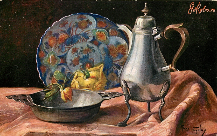 Картины - Серебряный кофейник, блюдо, декоративная тарелка и роза