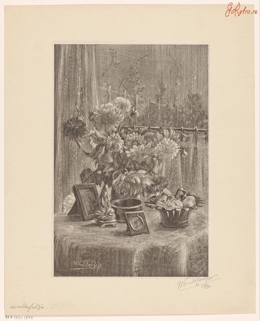 Картины - Натюрморт с вазой цветов, статуэткой и корзиной рукодельницы