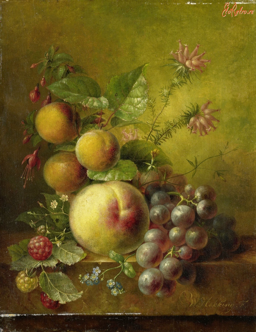 Картины - Виллем Геккинг. Натюрморт с фуксией, незабудками, ягодами и фруктами на столе