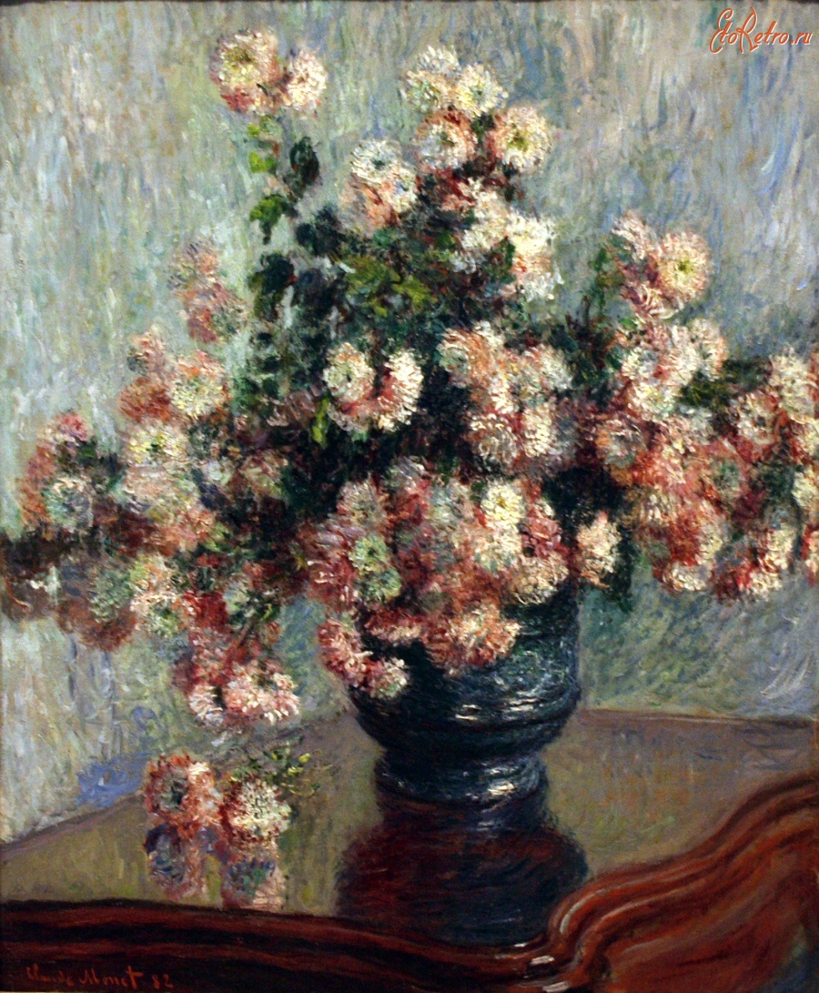 Картины - Клод Моне. Розовые хризантемы в голубой вазе