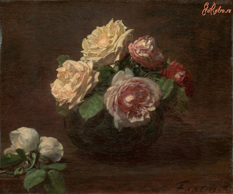 Картины - Натюрморт с розами в стеклянной вазе