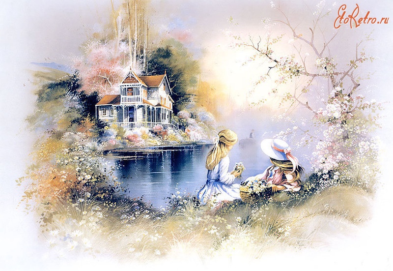 Картины - Картины  художника Андреса Орпинаса.  Девочки возле озера с домиком.