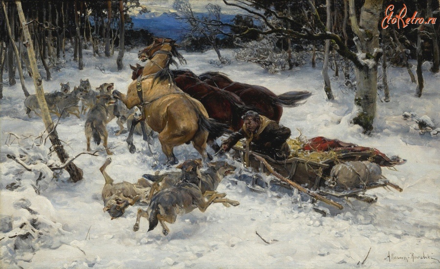 Картины - Картини  польських  художників.  Напад зграї вовків на санки.