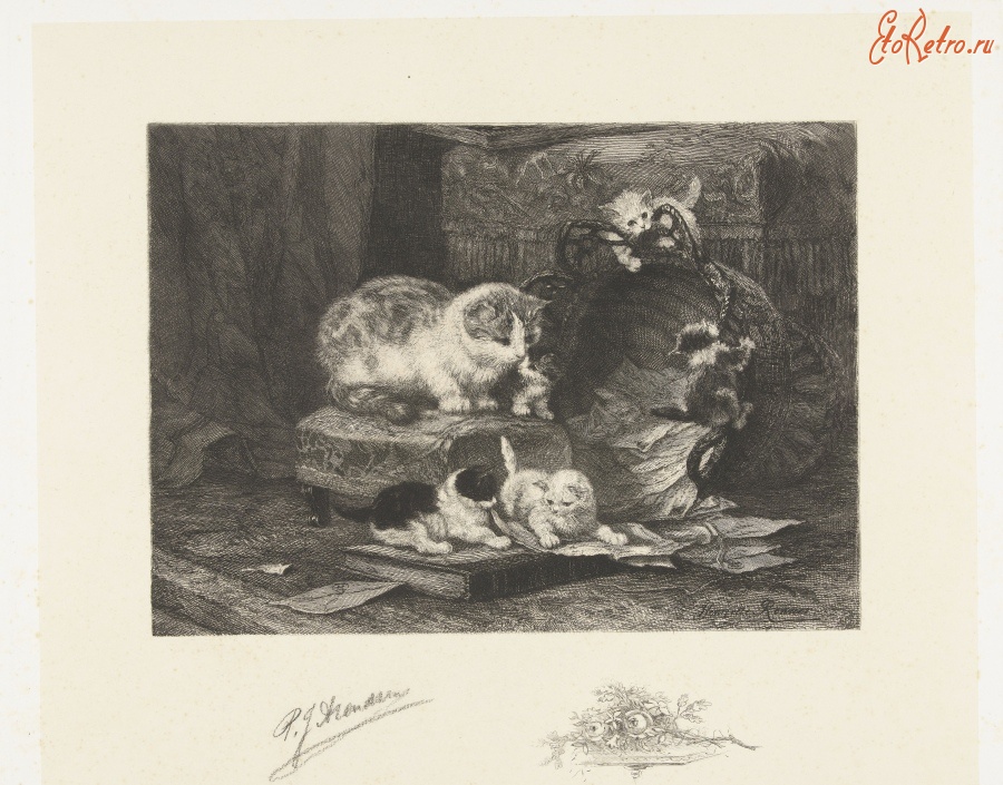 Картины - Анриетта Роннер-Книп. Кошка с пятью котятами