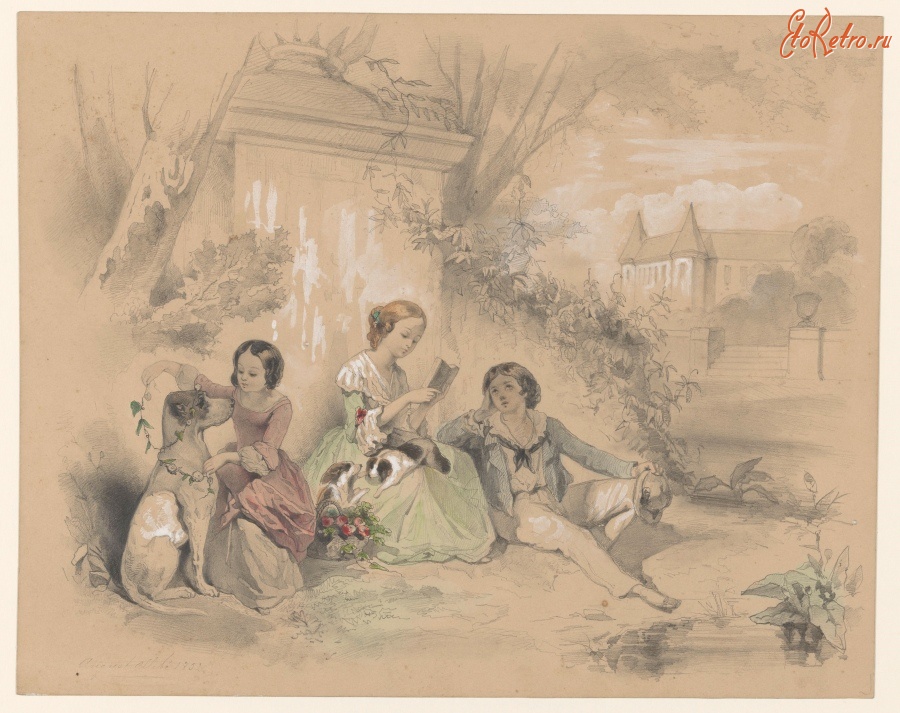 Картины - Август Аллебе. Дети, дворцовый сад и собаки