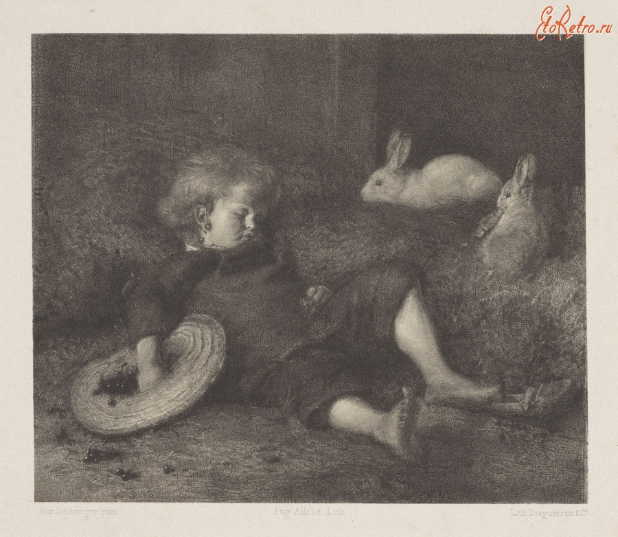 Картины - Спящий ребёнок, шляпа с ягодами и кролики