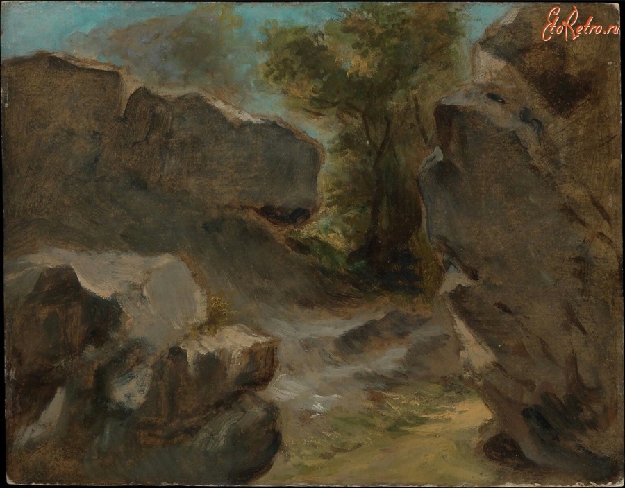 Картины - Эжен Делакруа. Пейзаж со скалами в Ожервиле
