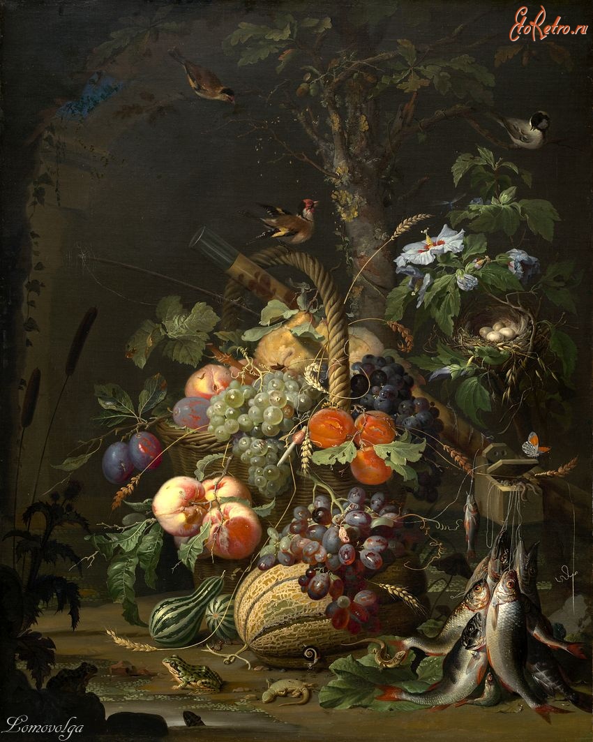 Картины - Картина.  Натюрморт с фруктами, рыбой и гнездом с птицами. Абрахам Миньон (1640-1679).