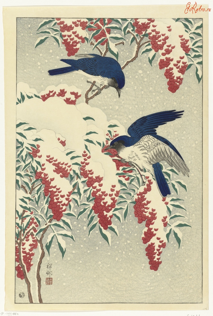 Картины - Две птицы, заснеженная ветка и гроздья ягод