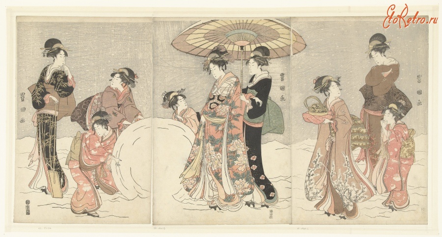 Картины - Пять женщин в кимоно, девочка и снежный ком