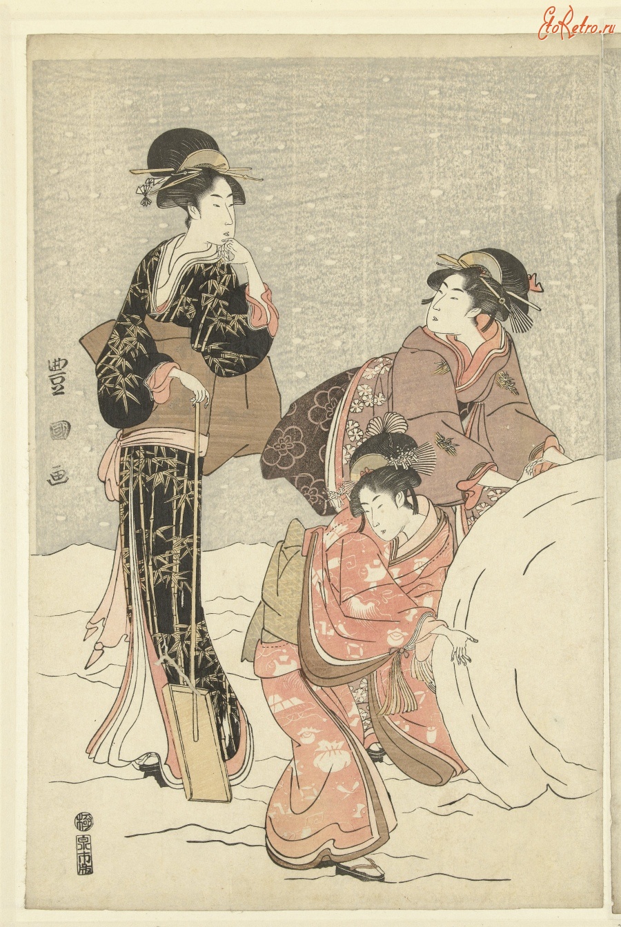 Картины - Две женщины в кимоно, девочка и снежный ком. Фрагмент 1