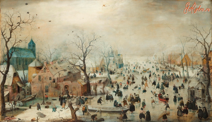 Картины - Зимний пейзаж и катание на коньках по льду канала