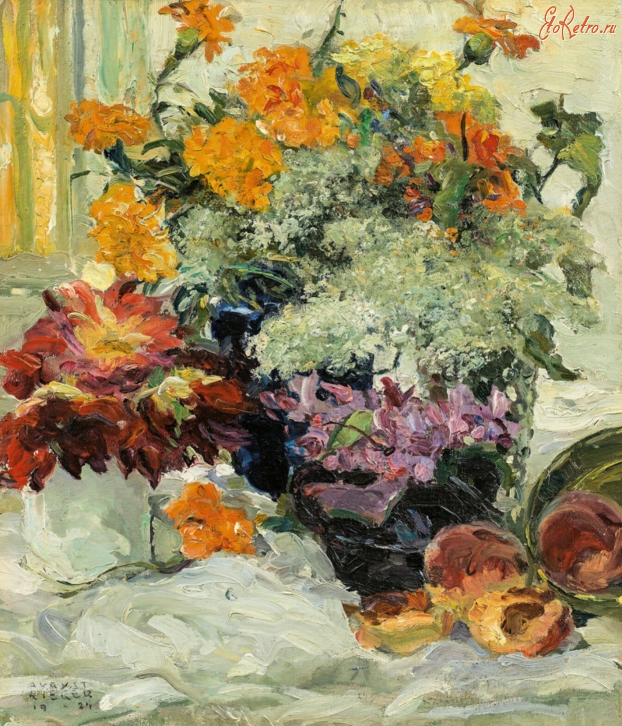 Картины - Август Ригер. Натюрморт с цветами и персиками