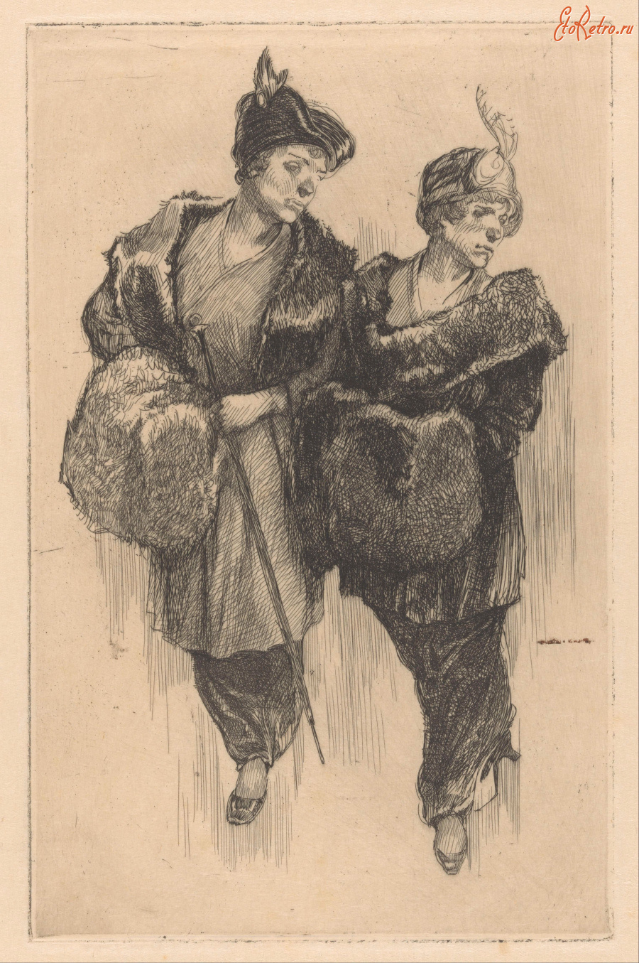 Картины - Две женщины с муфтами и в шляпах с перьями