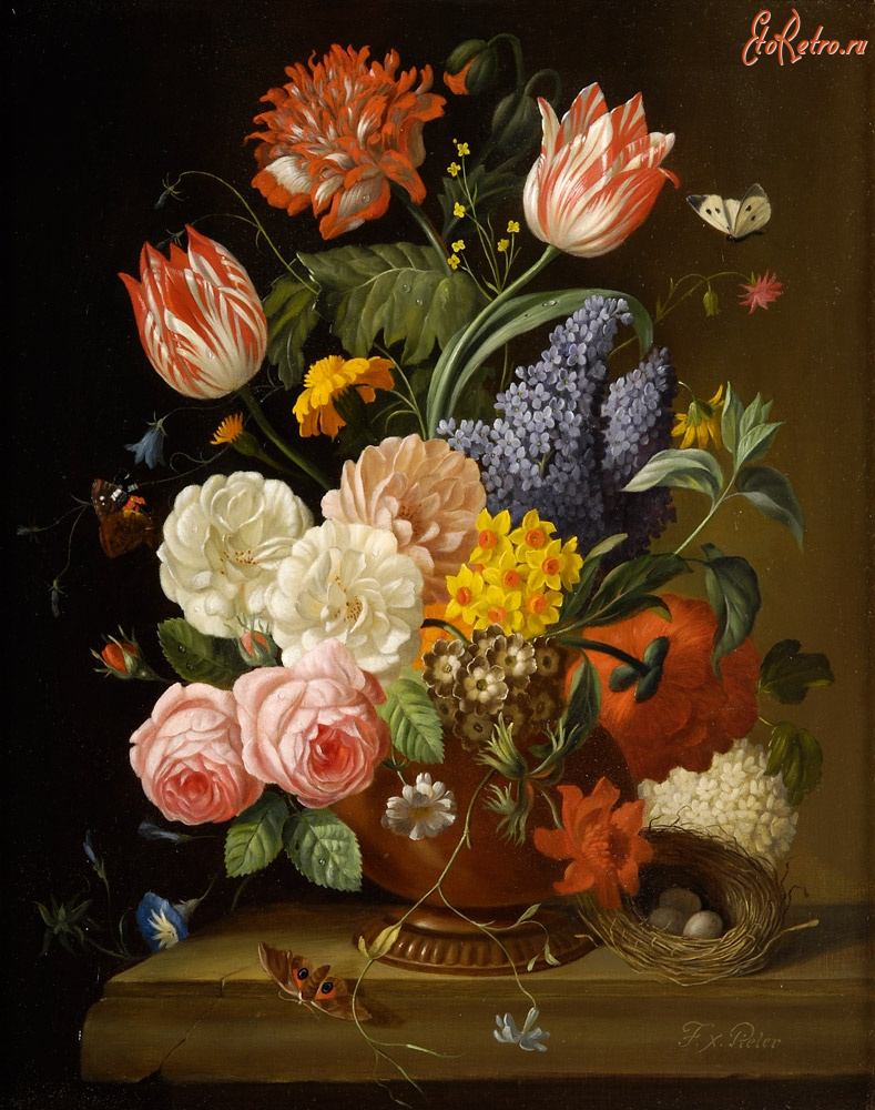 Картины - Франц Ксавье Пилер, Натюрморт с цветами и бабочками