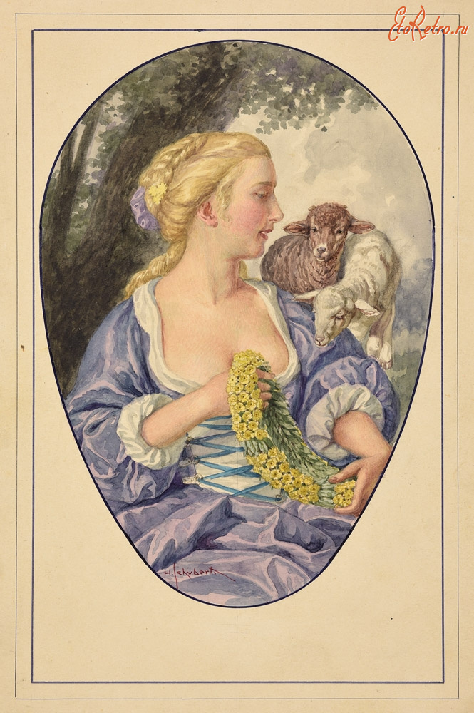 Картины - Хьюго Шуберт, Девушка с ягнятами и весенними цветами
