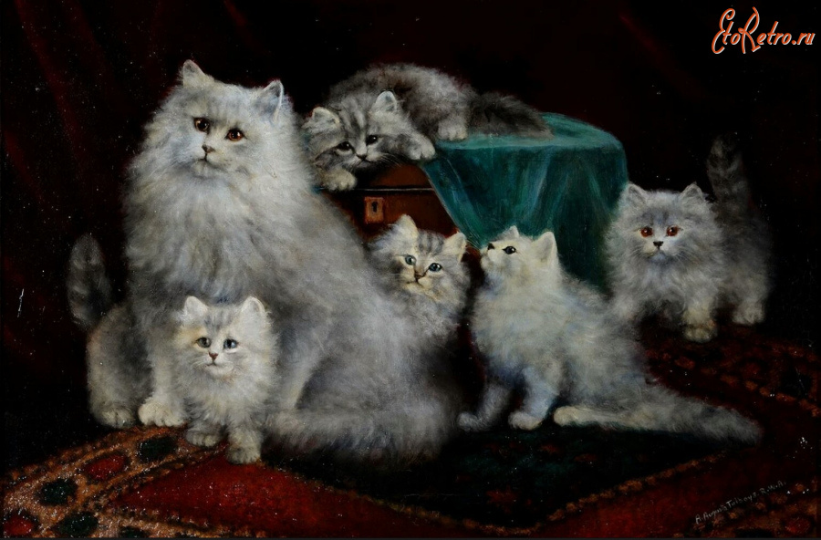 Картины - Августа Талбойс, Персидская кошка с котятами
