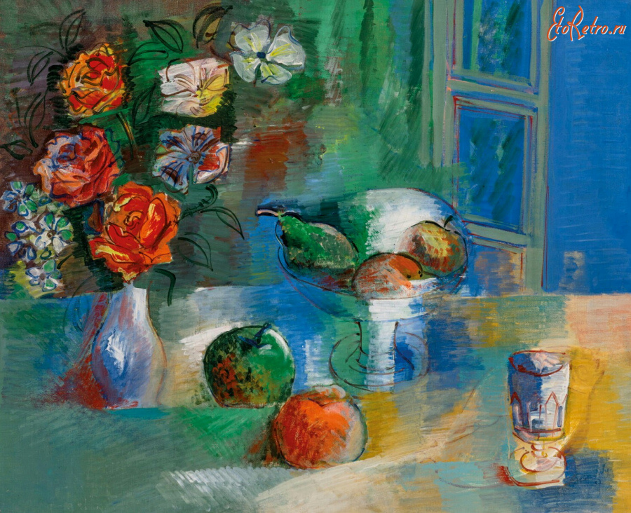 Картины - Жан Дюфи, Натюрморт с цветами и фруктами в вазе