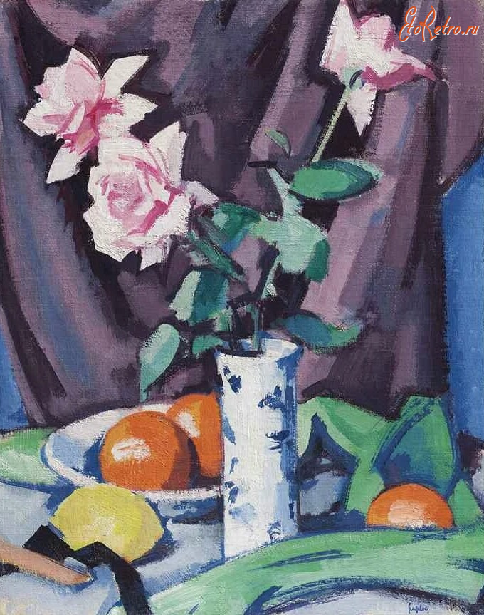 Картины - Самуэль Джон Пепло. Три розы в вазе и фрукты