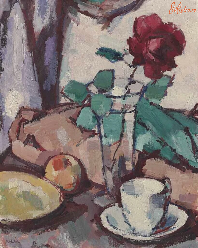 Картины - Самуэль Джон Пепло. Три розы в вазе и фрукты