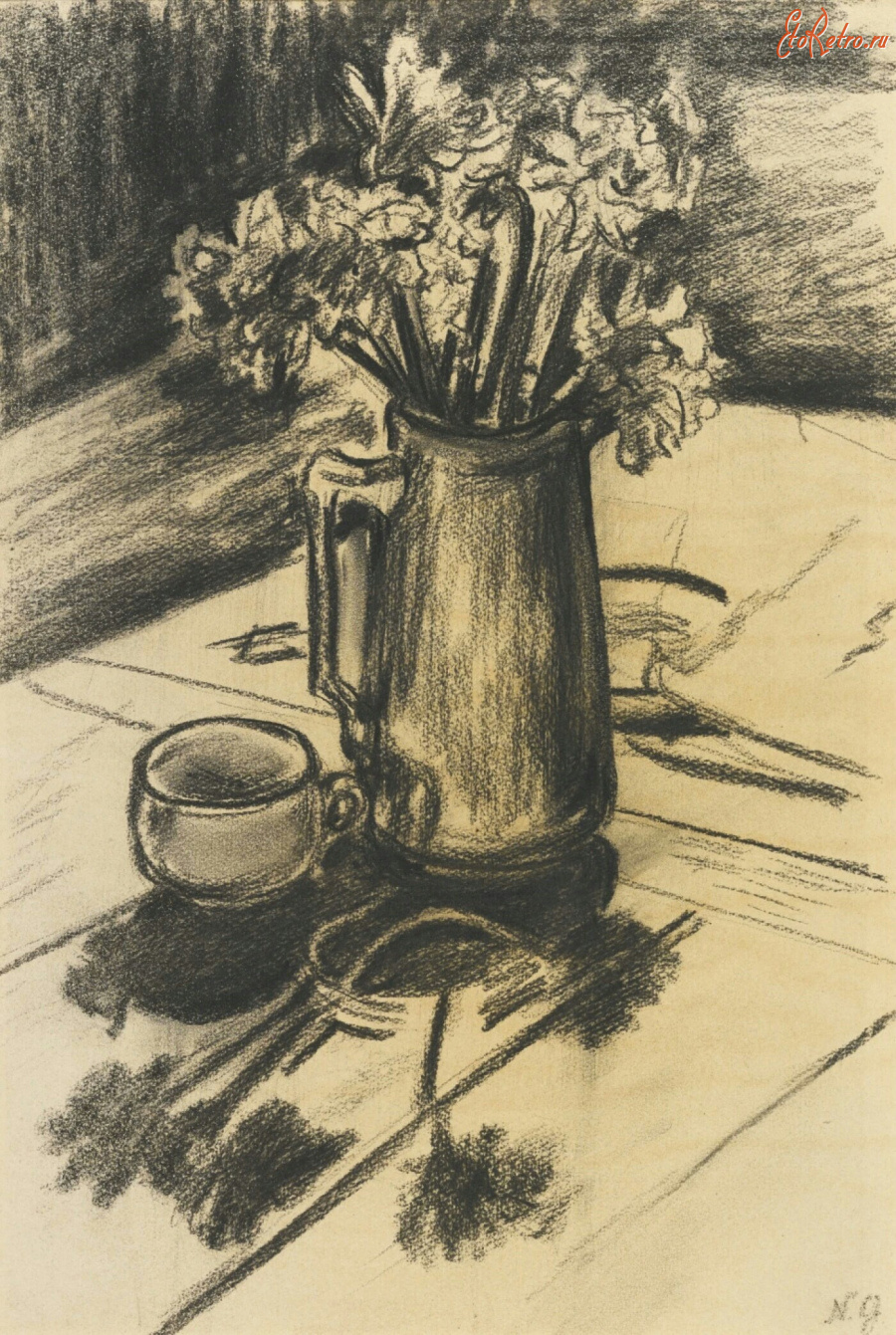 Картины - Наталья Гончарова. Цветы в кувшине и чайная чашка