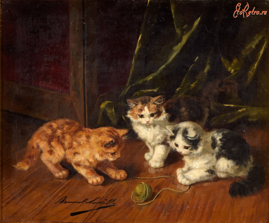 Картины - Альфред Брунель де Невиль. Котята. Игра с клубком шерсти