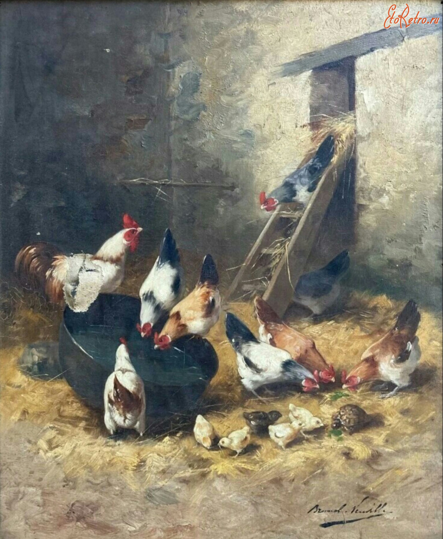 Картины - Альфред Брунель де Невиль. Куры, цыплята и черепашка